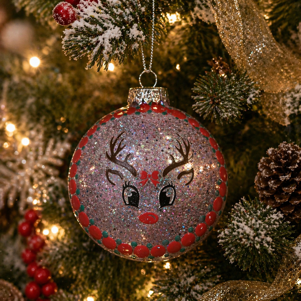 Hand-Painted Reindeer Ornament | 3” Shatterproof Christmas Decor | Glitter